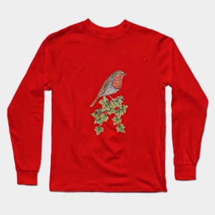 bird illustration of ivy leafs and cute robin Long Sleeve T-Shirt
